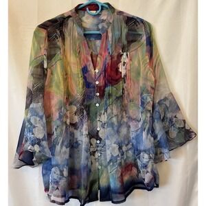 Casual Studios Water Color Semi Sheer Bell Sleeve Button Up Boho Peasant Y2K M